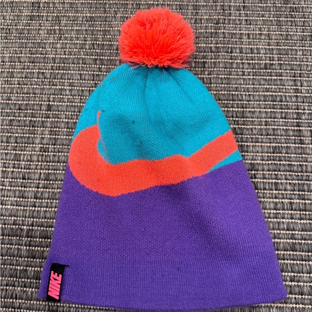 Nike Big Swoosh Turquoise and Purple Beanie with Orange Pom
